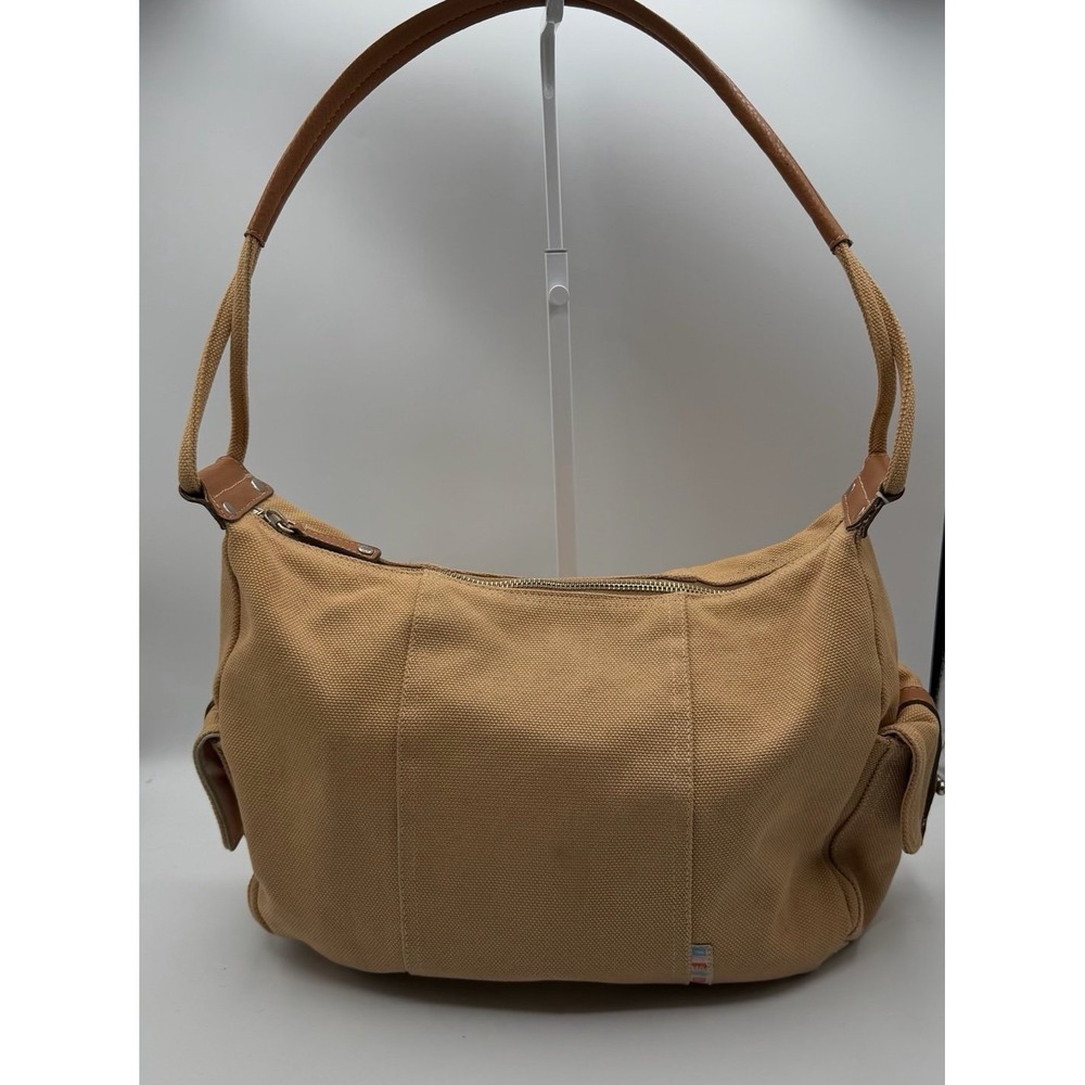 Fossil Tan Canvas Hobo‎ Shoulder Bag Leather Trim Striped Lining Zip Top